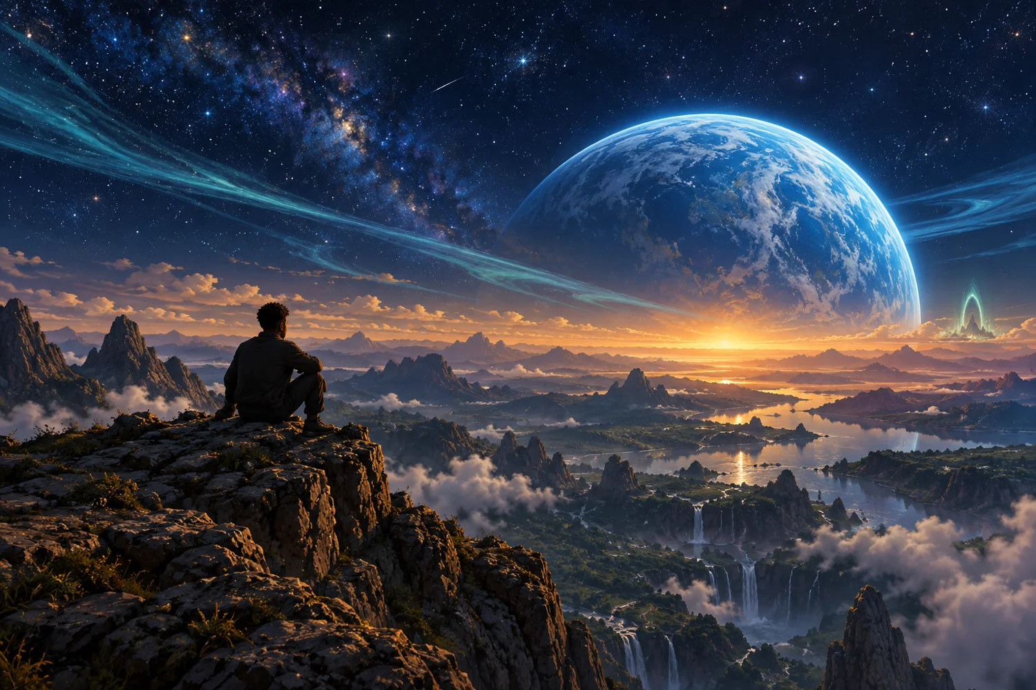 A young man sits on a mountain above a vast valley beneath a luminous planet