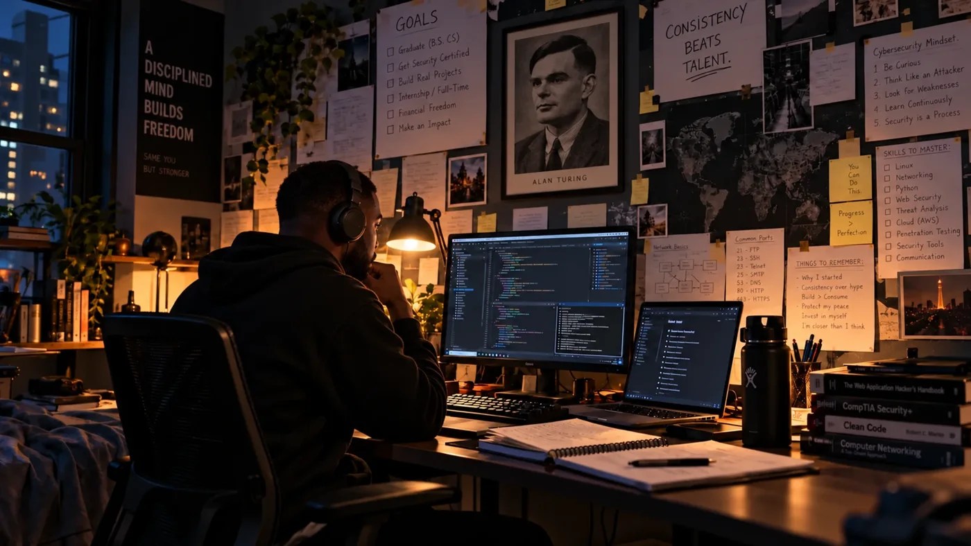 Original Still Becoming artwork: a person studying at a warmly lit desk surrounded by papers